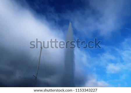 Photography showing the Jet d'Eau fountain in the lake Leman in the harbor of the city of Geneva, Switzerland.
