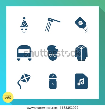 Modern, simple vector icon set on gradient background with kite, happiness, shower, style, bathroom, hipster, bath, hygiene, pepper, music, bus, clown, sound, white, food, health, container, fun icons
