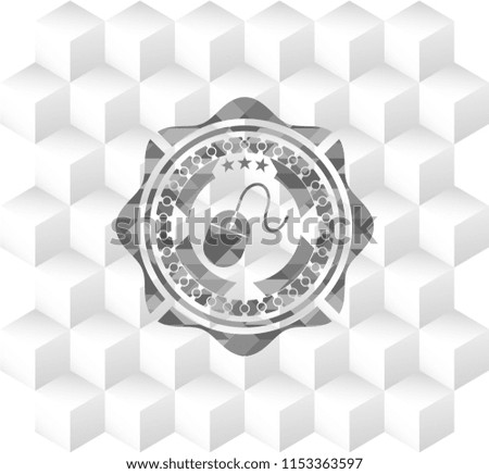 mouse icon inside grey badge with geometric cube white background