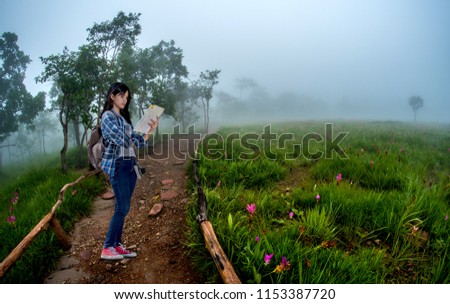 Female tourists With backpacks View map in the field of Krachaiw flowers in Saithong National Park at Chaiyaphum province Thailand.