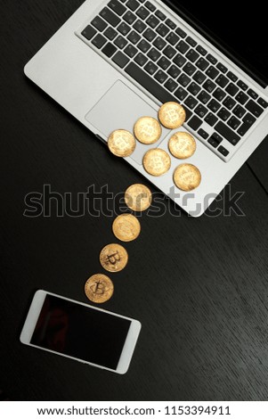 Bitcoin coin symbol on laptop future concept financial currency crypto currency sign. With copy space