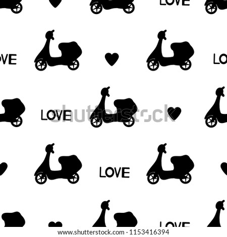 Seamless pattern with black mopeds, words Love and hearts. Vector illustration