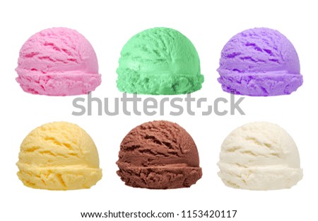 Six different flavor and color ice cream scoops isolated on white background. Strawberry ice cream scoop. Vanilla ice cream scoop, chocolate ice cream scoop.