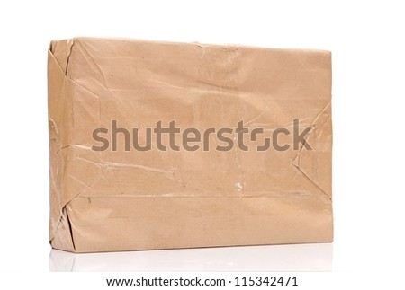 parcel wrapped with brown paper isolated on white background