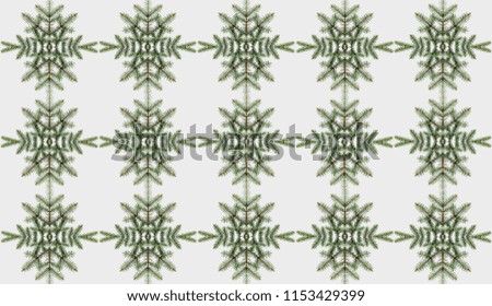 Patterns of spruce branches in the form of snowflakes on a white background. Original idea in a minimalist style. Christmas or festive background.