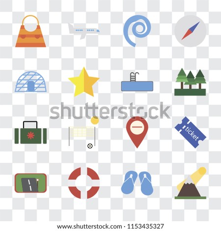 Set Of 16 transparent icons such as Mountains, Flip flops, Lifebuoy, Gps, Tickets, Bag, Igloo, Suitcase, Swimming pool, transparency icon pack, pixel perfect