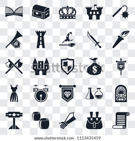 Set Of 25 transparent icons such as Scroll, Belt pouch, Gauntlet, Beer, Pillory, Torch, Money bag, Standard, Gown, Fanfare, Crown, Chest, web UI transparency icon pack