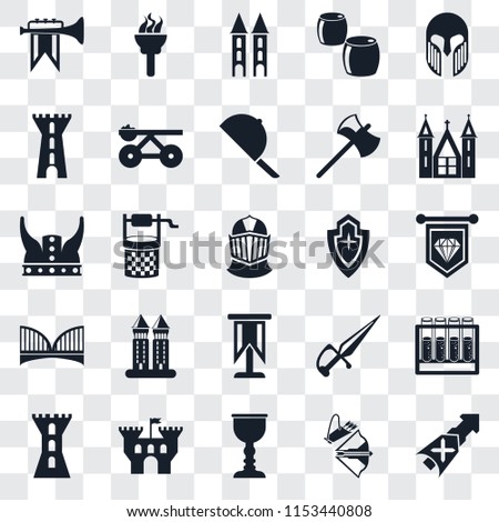 Set Of 25 transparent icons such as Lance, Crossbow, Goblet, Castle, Tower, Church, Shield, Standard, Bridge, Torch, web UI transparency icon pack