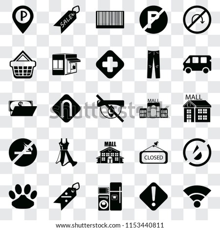 Set Of 25 transparent icons such as Wifi, Warning, Electrical appliances, Discount, Pet, Bus, Mall, No smoking, Shopping basket, Barcode, Sale, web UI transparency icon pack
