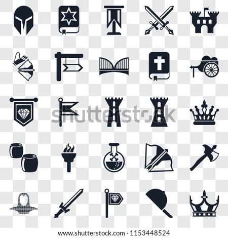 Set Of 25 transparent icons such as Crown, Hat, Standard, Sword, Coif, Wheelbarrow, Tower, Poison, Beer, Crossbow, Spellbook, web UI transparency icon pack