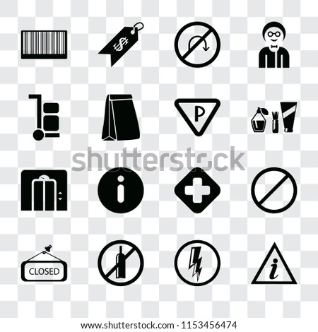 Set Of 16 transparent icons such as Information point, Electricity, No alcohol, Closed, Forbidden, Barcode, Trolley, Lift, Parking, transparency icon pack, pixel perfect