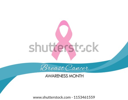 Illustration of Cancer awareness month, pink ribbon concept.Text Breast Cancer Awareness Month.Blue cyan waves.