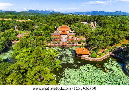Aerial view of Vietnam ancient Tu Duc royal tomb and Gardens Of Tu Duc Emperor near Hue, Vietnam. A Unesco World Heritage Site Royalty-Free Stock Photo #1153486768