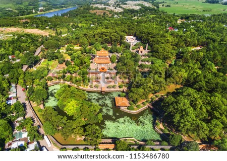 Aerial view of Vietnam ancient Tu Duc royal tomb and Gardens Of Tu Duc Emperor near Hue, Vietnam. A Unesco World Heritage Site