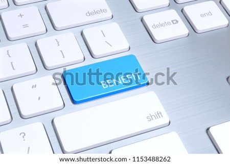 modern mac style keyboard, enter button is blue and written "benefit" on it. Just one click is enough for benefit