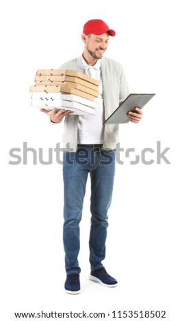Man with pizza boxes and clipboard on white background. Food delivery service