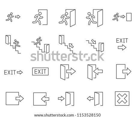 Set of exit Related Vector Line Icons. Contains such Icons as stairs, public navigation, signs, entrance, doors and more.   Royalty-Free Stock Photo #1153528150