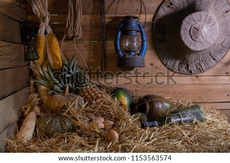 Pineapple,pumpkin,chicken eggs,watermelon,corn dry on pile straw,Ancient lamp,chain,Ancient hat in the old barn with wooden background,Still life of which has dim light,Still life style image.