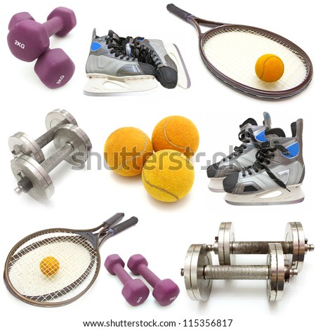 sports equipment collage. Isolated on white background.