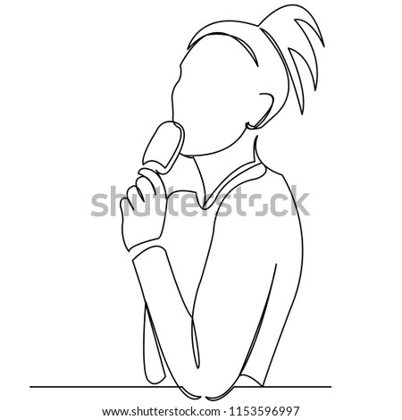 continuous single drawn one line girl eating ice cream hand-drawn picture silhouette. Line art. doodle