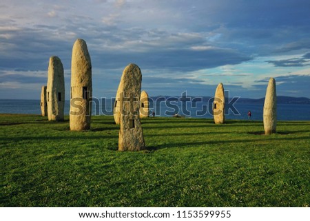 Sculpture Park Menhirs for Peace with ocean view in Coruna, Spain