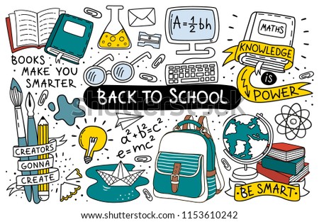 Back to school. Clip art collection. Doodle set various school stuff supplies.