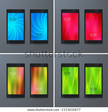Set of 8 elegant Mobile Phone interface wallpaper design. Vector illustration EPS 10 black smartphone on gray background element for Business Presentations, Application Cover and Web Site Design