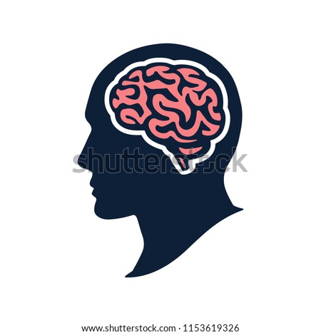 Silhouette head with brain vector flat illustation isolated on white