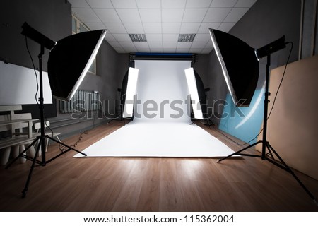 Interior and the equipment of a photographic studio ready for realization of photosession Royalty-Free Stock Photo #115362004
