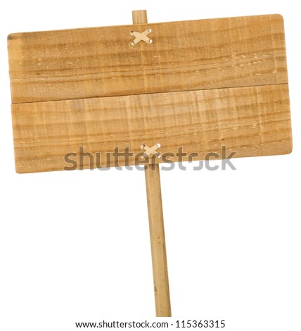 wooden sign isolated over white background, with banboo post
