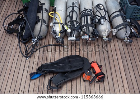 diving equipment on board the boat Royalty-Free Stock Photo #115363666