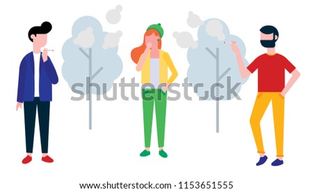 Group of smoking people. Boy and man smoke cigarette, girl coughing in her hand. Concept of passive smoking flat style design vector illustration isolated on white background with trees