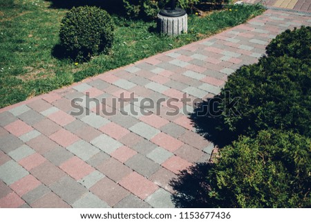 Paving pattern with rectangular shape. Along paved walkways planted flower bed with. In the background, lawn with green grass.