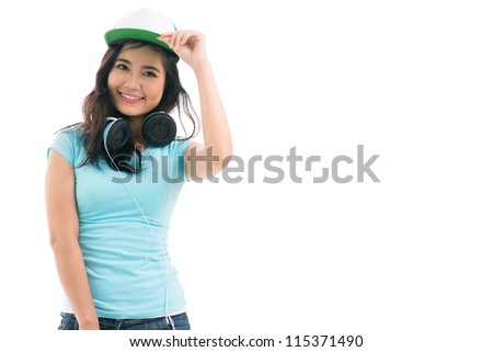 Copy-spaced portrait of a modern teenage girl with stereo headphones