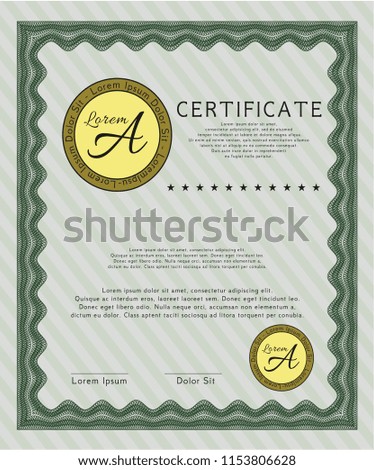 Green Certificate diploma or award template. Detailed. Printer friendly. Money Pattern. 
