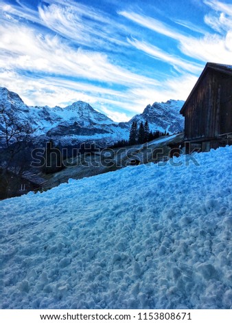 Snow under blue sky. Winter landscape with snow. Nature scene on the day at resort on mountain