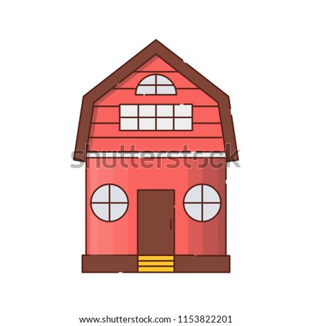 Vector illustration with cartoon flat red farm house. Rural farm market concept. Wooden barn building icon. Old vintage house. Agriculture design