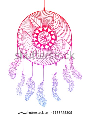 Hand drawn dreamcatcher on white. Zentangle. Feathers. Abstract mystic symbol. American indians sign. Zen art. Design for spiritual relaxation for adults. Line art creation. Print for t-shirts