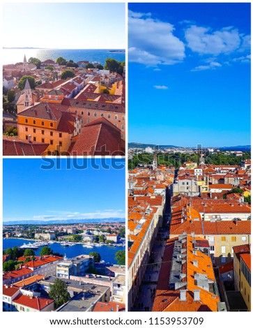 View of colorful roofs against blue sky and sea, old city center of Zadar, Croatia