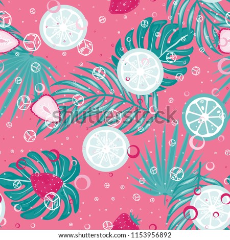 Tropical seamless pattern with strawberries, lemon, lime and tropical leaves. Bright fruit pattern with tropics. Background with fruits.