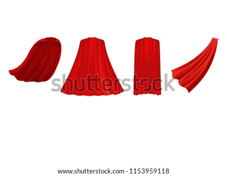 Superhero red cape in different positions, front, side and back view on white background. Royalty-Free Stock Photo #1153959118
