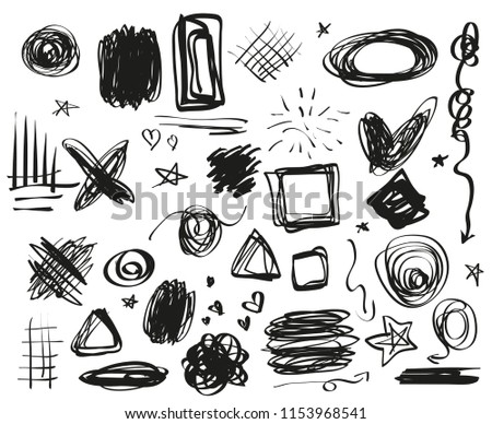Grunge signs. Infographic elements on isolated background. Big set on white. Hand drawn simple symbols. Doodles for design. Line art. Abstract circles, arrows and rectangle frames