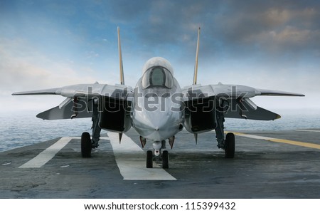 An F-14 jet fighter on an aircraft carrier deck beneath blue sky and clouds viewed from front Royalty-Free Stock Photo #115399432