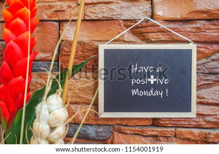 Image of motivational greeting have a productive monday! on black mini notice board hanged on brick wall besides partly seen decorative plant. Selective focus on notice board. Others in gradient blur.