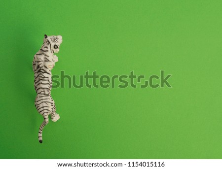 An tiger animal is a children's toy. Plastic figurine for the game. Green background. Farm and the zoo.