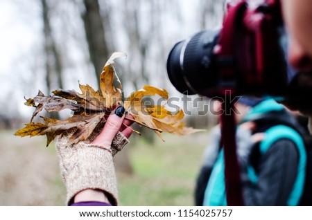 girl is photographing maple leaves on a mirror camera in an autumn park. A maple leaf in the hand of a girl in a glove. Photo walk.
