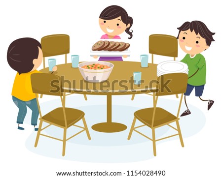 Illustration of Stickman Kids Setting the Dining Table, Placing Glasses, Arranging Chairs and Placing Food