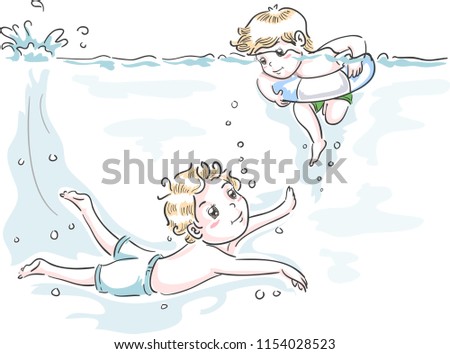 Illustration of Kids Boys Swimming. Brother Teaching Swimming Underwater