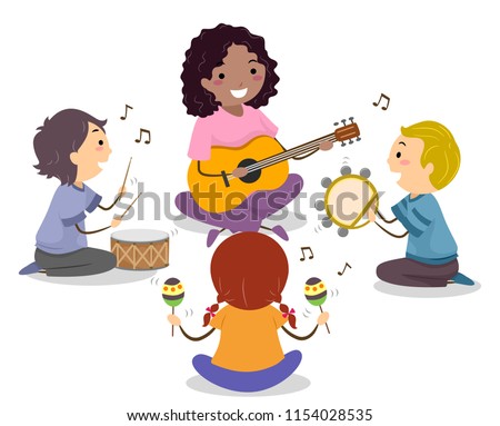 Illustration of Stickman Kids Playing Music in a Circle with Guitar, Drums, Tambourine and Maracas