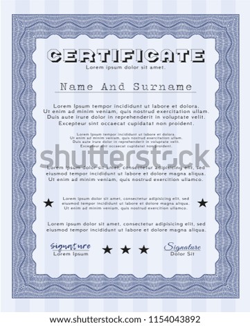Blue Certificate diploma or award template. Complex background. Artistry design. Customizable, Easy to edit and change colors. 